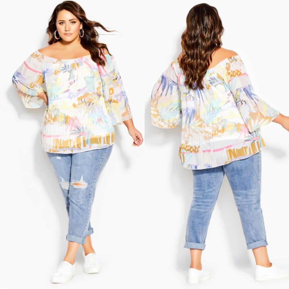 NWT City Chic Retro Storm Top‎ Ivory Off The Shoulder Pleated Sheer Chiffon 18